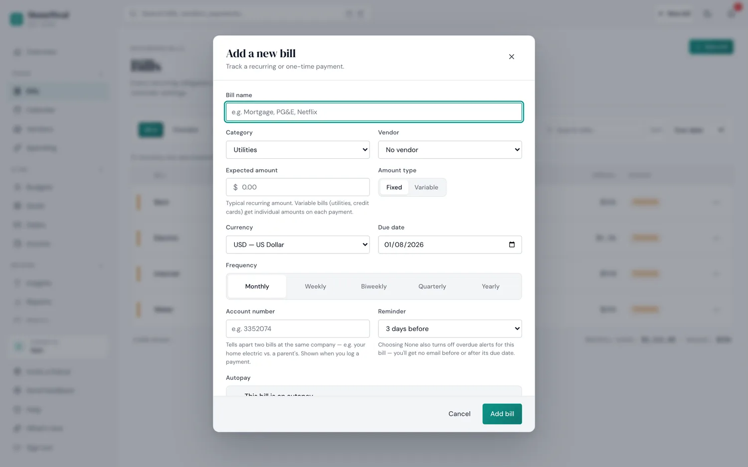The HomeWeal 'Add a new bill' form, showing manual fields for bill name, category, amount, currency, due date, and reminder — no bank connection required