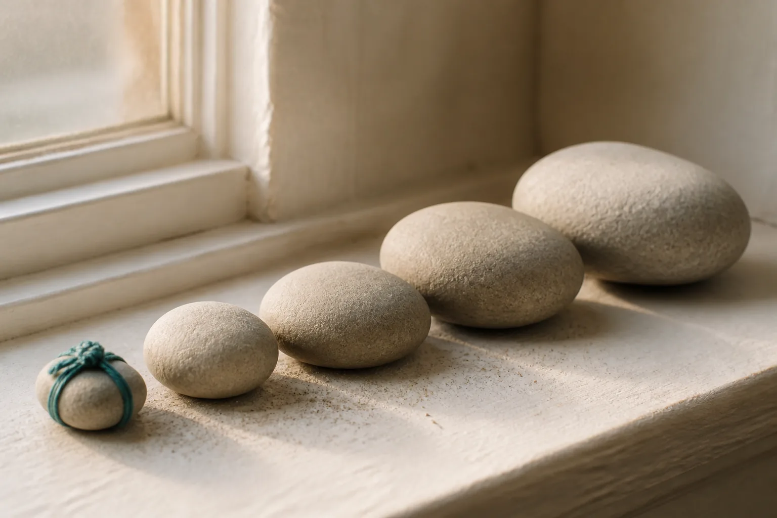 A row of five smooth stones arranged from smallest to largest on a sunlit windowsill, with a teal thread tied around the smallest one