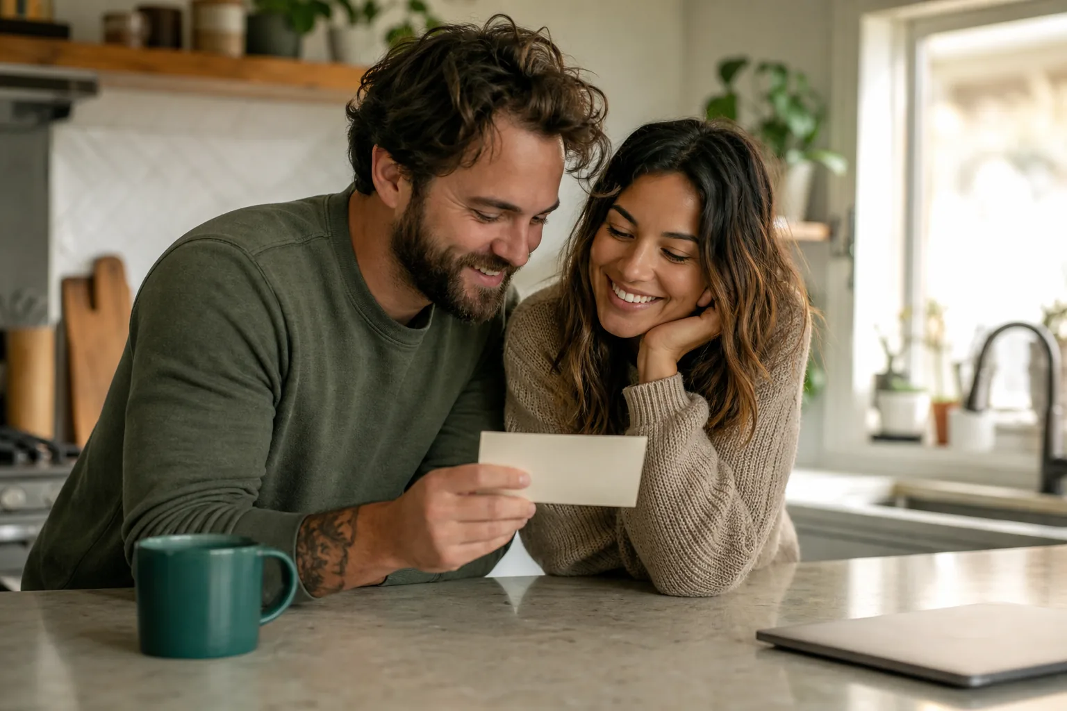 A couple leaning together at a kitchen island in the morning, one showing the other a blank index card, with a teal mug beside them