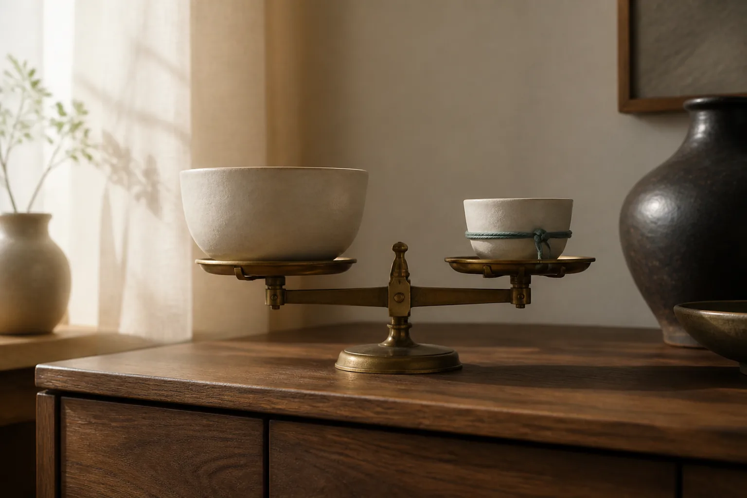 Two differently sized ceramic bowls balanced on a wooden shelf with a teal thread around one bowl