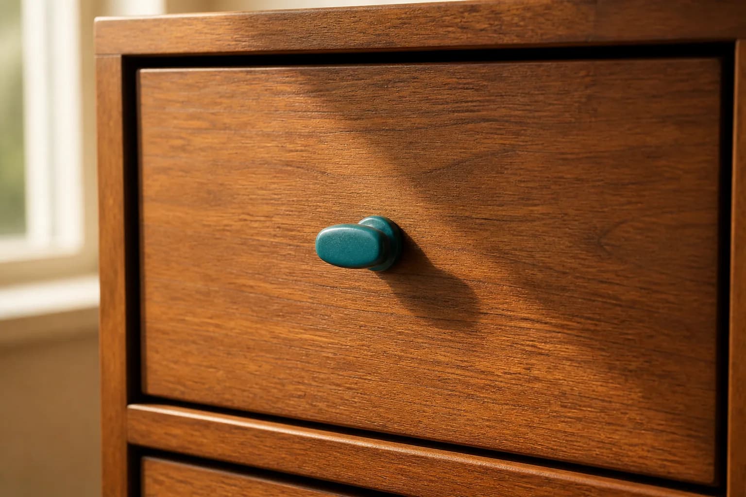 A single closed wooden filing-cabinet drawer with a small teal drawer pull, in warm sunlight