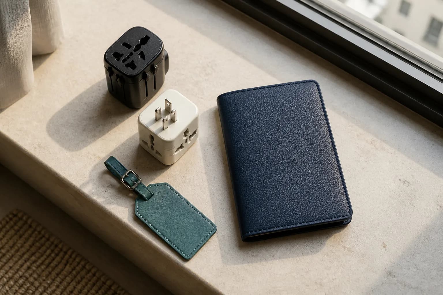 Two travel plug adapters and a closed passport cover beside a teal luggage tag on a windowsill