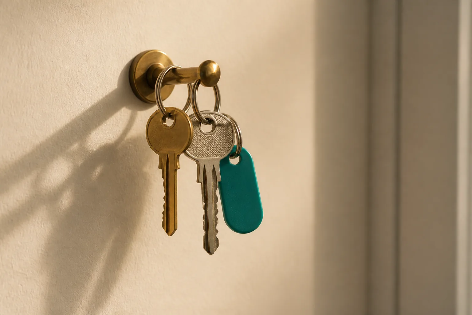 Two house keys with a small teal keychain tag hanging on a wall-mounted hook by a front door
