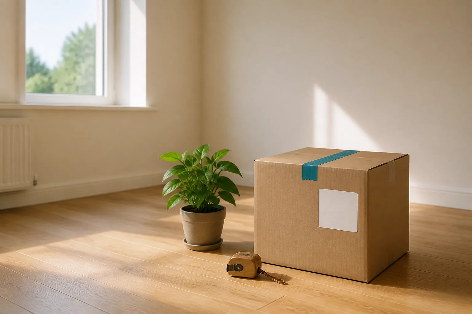 A moving box with a blank label, tape measure, houseplant, and teal packing tape in an empty room