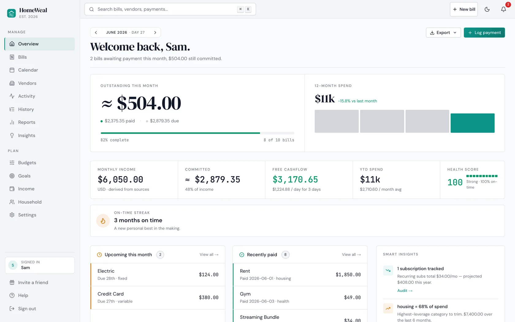 HomeWeal dashboard showing this month's bills, paid progress, and household cash flow at a glance